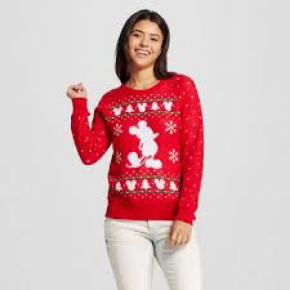 🎄✨ Disney Mickey Mouse Christmas Sweater Women’s Small Red Holiday Crewneck